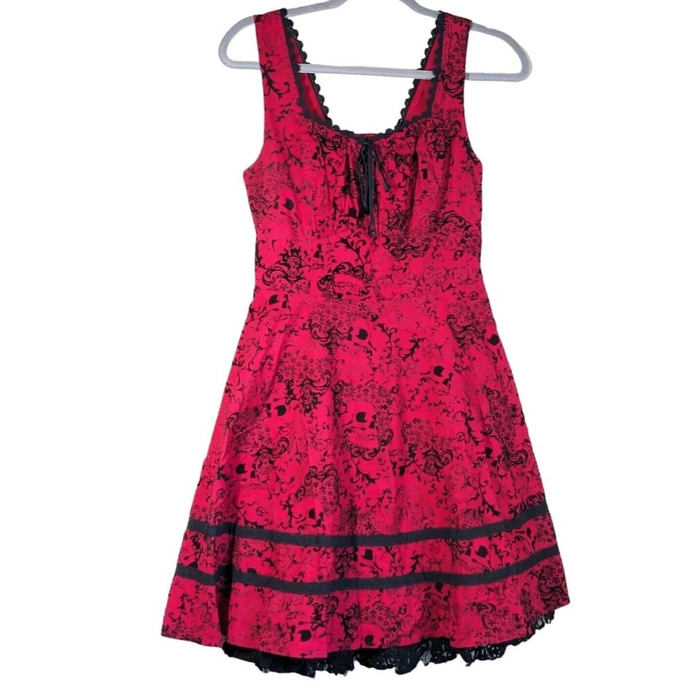 Hot Topic Size M Red A Line Corset Dress Black Skull Roses Whimsy Goth Lolita